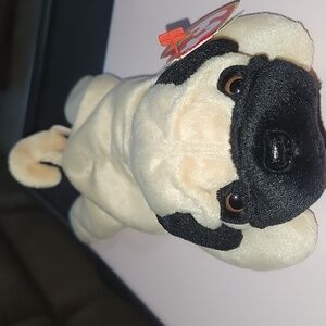 Ty Beanie Babies Pug Plush - Cream and Black - Pugsly- dog puppy stuff animal